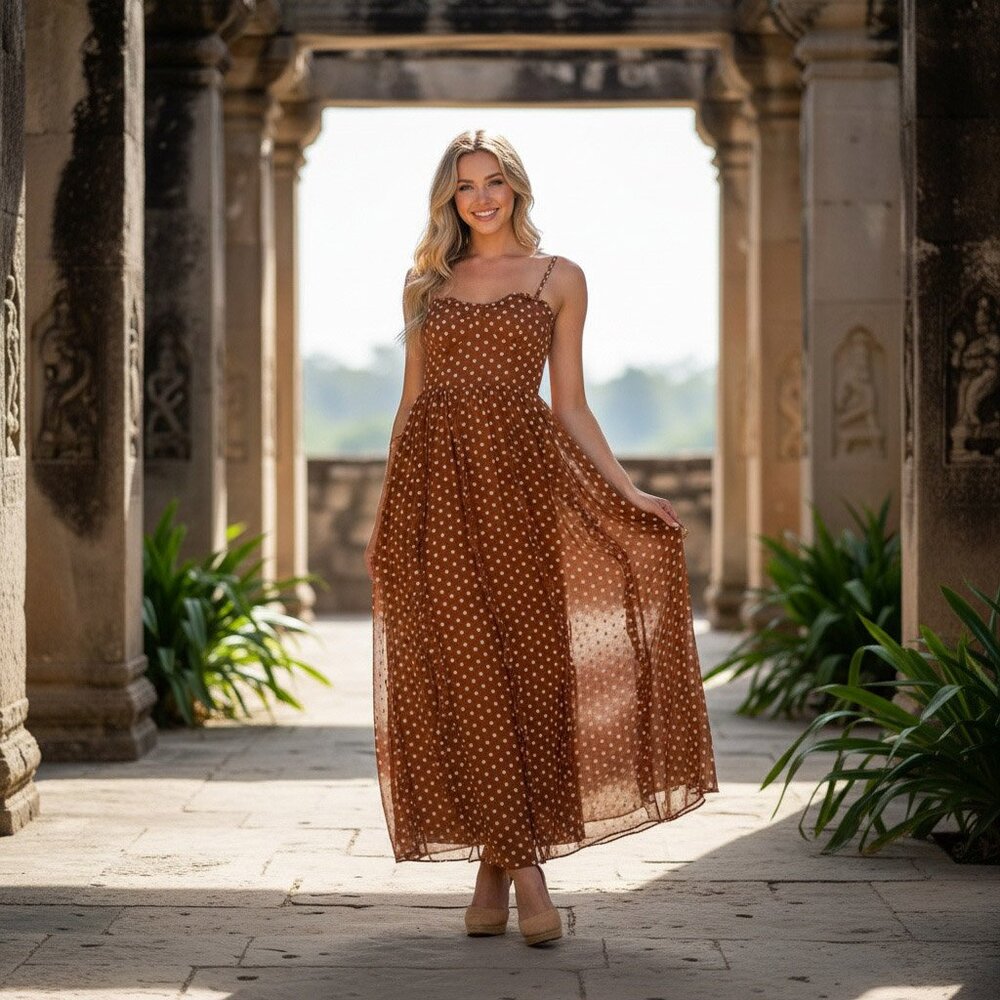Embroidered flower ruffle maxi dress- Back smocking, ruffled skirt